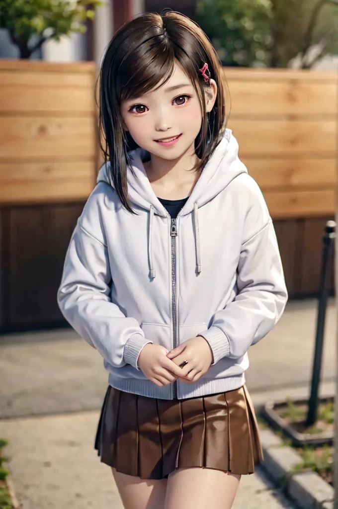 One girl, (9 years old, , Very young, low length:1.5), Haruka Sawamura (child), ryu ga gotoku, Yakuza, Long Hair, Hair that falls over the shoulders, Brown Hair, Swept-apart bangs, hair ornaments, Brown eyes, lips, Flat Chest, Hoodie Jacket, Red Skirt, boots, On the streets of Kabukicho, (smile:1.3), smile, cute, cute, View your viewers, Detailed face, Detailed skin, Round eyes, (((Highest quality, masterpiece))), (((Very detailed))), (8K resolution), ((Realistic)), colorful, RAW Photos, Cinema Lighting, Highest quality, 8K Ultra HD, Realistic, (Unreal Engine), 