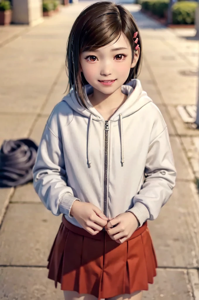 One girl, (9 years old, , Very young, low length:1.5), Haruka Sawamura (child), ryu ga gotoku, Yakuza, Long Hair, Hair that falls over the shoulders, Brown Hair, Swept-apart bangs, hair ornaments, Brown eyes, lips, Flat Chest, Hoodie Jacket, Red Skirt, boots, On the streets of Kabukicho, (smile:1.3), smile, cute, cute, View your viewers, Detailed face, Detailed skin, Round eyes, (((Highest quality, masterpiece))), (((Very detailed))), (8K resolution), ((Realistic)), colorful, RAW Photos, Cinema Lighting, Highest quality, 8K Ultra HD, Realistic, (Unreal Engine), 