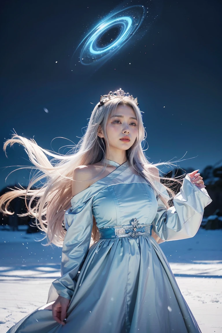 Anime-Mädchen mit langen weißen Haaren und einem blauen Kleid im Schnee, weißhaarige Gottheit, weißes Haar schwebt in der Luft, Anime-Fantasie-Illustration, Fließendes weißes Haar, schöner junger Windgeist, wunderschöner Fantasy-Anime, glänzendes, wallendes Haar, ätherischer Anime, wunderschöne Anime-Kunstwerke, Wunderschöne digitale Kunstwerke, Anime-Fantasie-Kunstwerk, ((eine wunderschöne Fantasiekaiserin)), 2. 5 d cgi Anime-Fantasie-Kunstwerk