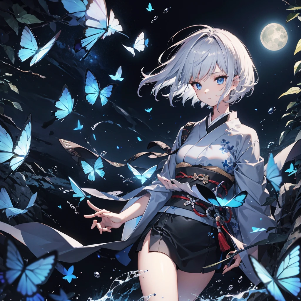 ((High resolution　Gray Hair　short hair　Black kimono　Shoulder))　((Black Band　military commander　Lonely　despair　blue eyes))　((Blue Butterfly　night　Japanese style　old　Shining Aura　garden　water surface　1 person))　(dance　日本knife　knife　Slashing)　moon　star　Draw your sword　Slashing　Catch the wind　