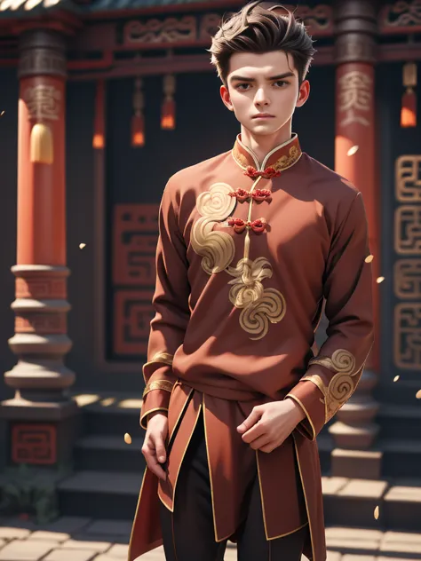 handsome young man Wearing a green traditional Chinese costume, the willow tree