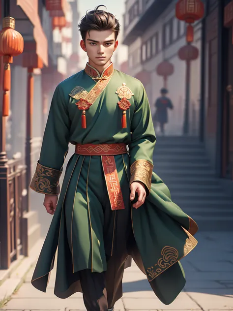 handsome young man Wearing a green traditional Chinese costume, the willow tree