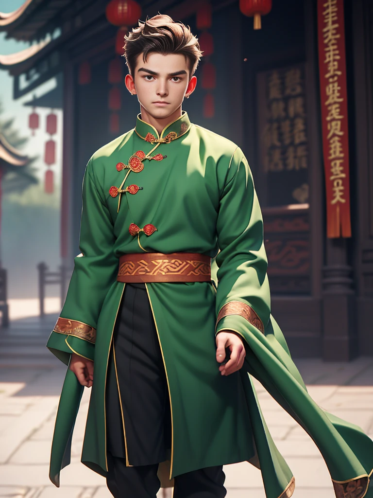 handsome young man Wearing a green traditional Chinese costume, the willow tree