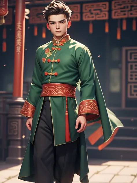 handsome young man Wearing a green traditional Chinese costume, the willow tree