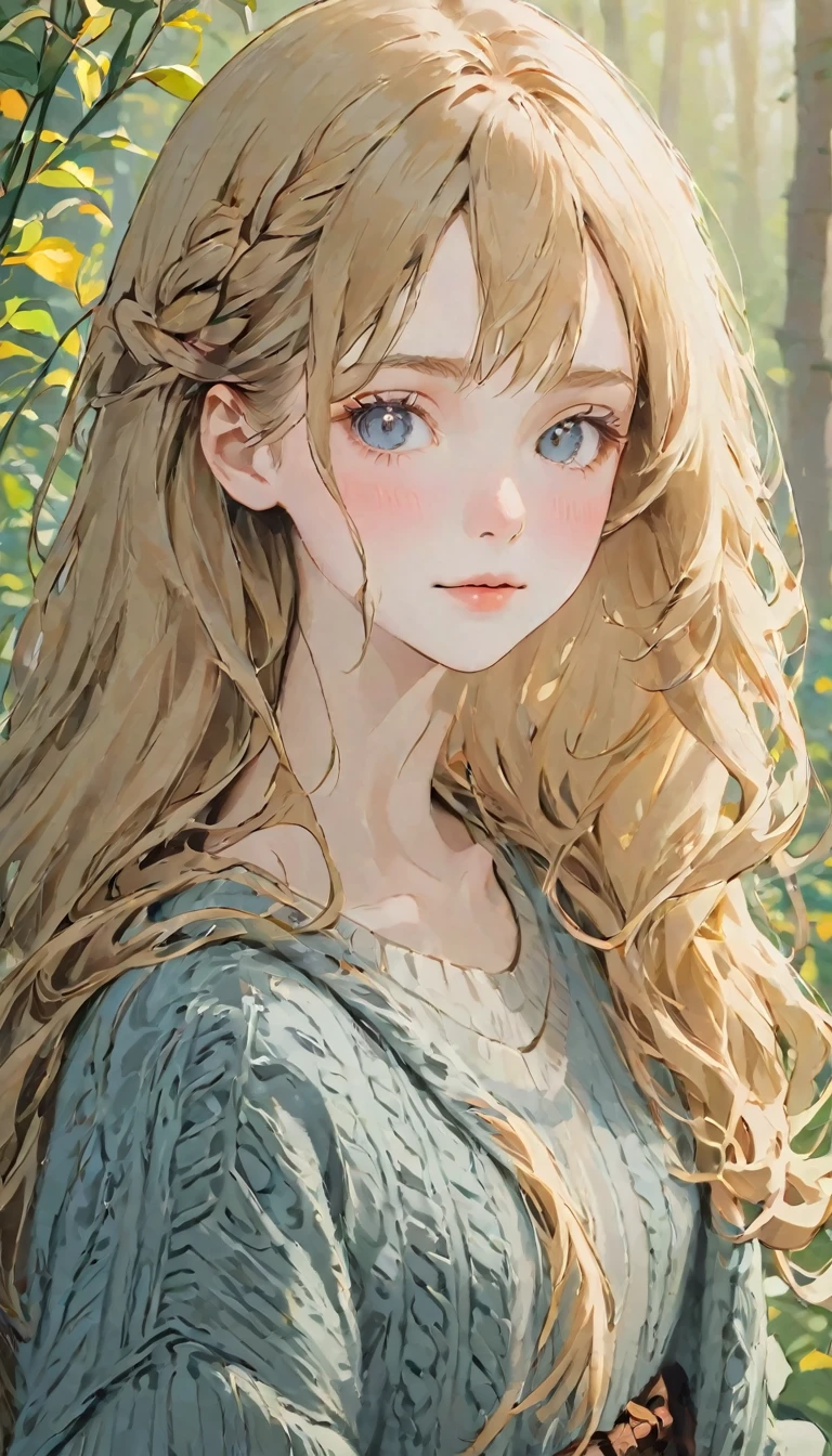 (Highest quality, masterpiece, whole body),1, line-art, tender girl, thin and narrow and long eyes, very thin face, rough-drawn eyes, very long face, extremely fluffy and curly and dense and loose flaxen long hair, sweater with stripes, low-gauge sweater, straight cheeks, droopy eyes, shadow on half of her face, detailed eyelashes, eye is located lower on face, round chin, droopy eyes, ellipse iris, messy curls, drooping eyes, straight cheeks, thin thighs, sharp face, sharp chin, sharp cheeks, portrait, nose located lower, she turns away, sharp face, elf girl, extremely pale skin, sitting in the steppe of Russia, huge dense woods behind her, cloudy sky, slender face