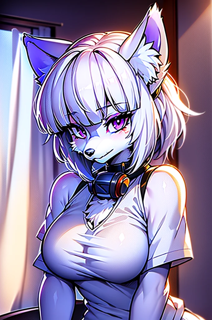 sombreamento celular, olhos detalhados, melhor qualidade, Altamente detalhado, obra de arte, melhor qualidade, mulher sozinha, fursona lobo branco, olhos roxos, Franja cega, franja de cortina, bloqueios laterais, cabelo curto,  Postura da pata, tiro no busto, Olhando para o visualizador, cabelo branco, camiseta, bandana no pescoço