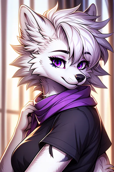 cel shading, detailed eyes, best quality, highly detailed, masterpiece, best quality, solo female, white wolf fursona, purple ey...