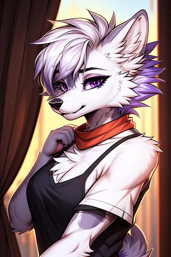 cel shading, detailed eyes, best quality, highly detailed, masterpiece, best quality, solo female, white wolf fursona, purple eyes, blunt bangs, curtain bangs, sidelocks, short hair,  paw pose, bust shot, looking at viewer, white hair, tshirt, bandana around neck