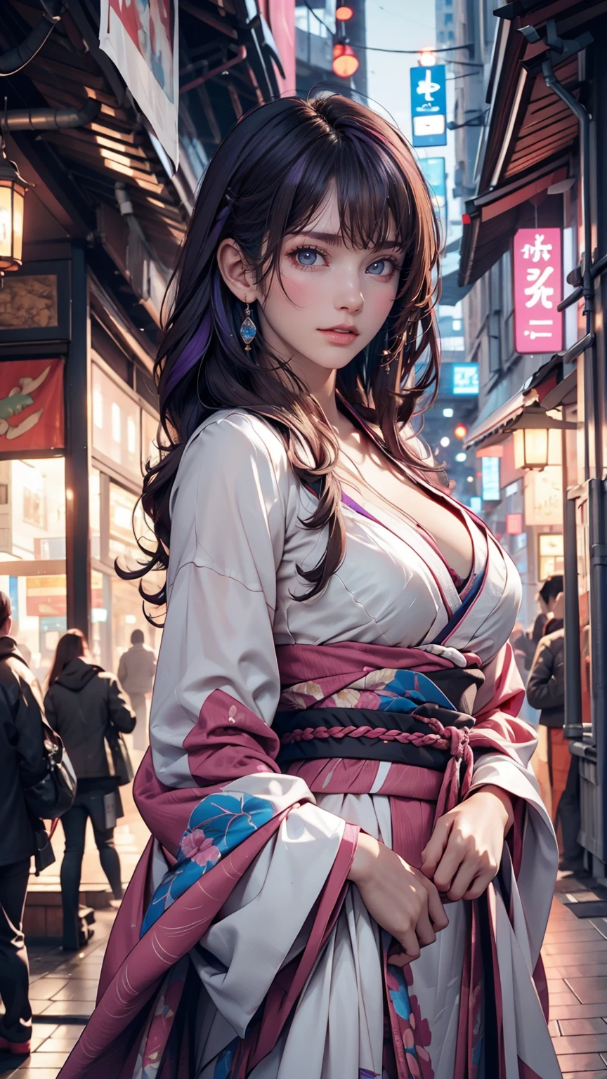 One girl, Blunt bangs, Braiding, Wide sleeves, hair ornaments, kimono, Says Obi, (Purple Hair:1.2), Very long hair, Straight hair, View your viewers, Highly detailed background, (Photo Real:1.2), Fine grain, Red eyeshadow, Depth of written boundary，thigh, (Urzan-6500:0.7), Upper Body, (alone:1.2), (Cyberpunk City:1.1), Cleavage, (Put your finger on your lips:1.1),Shiny skin