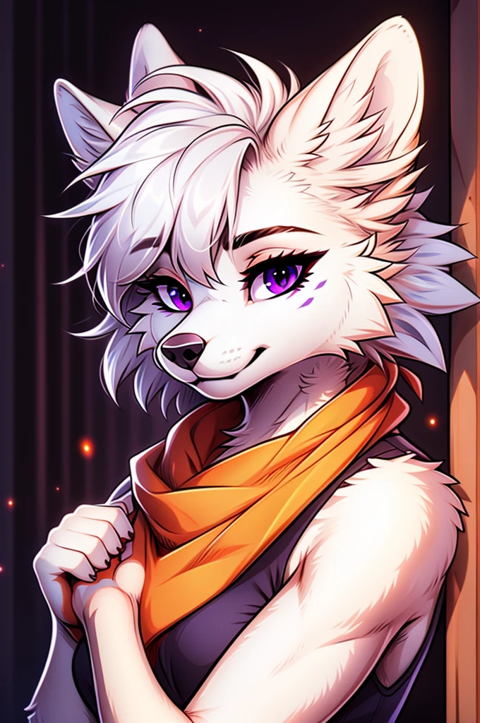 sombreamento celular, olhos detalhados, melhor qualidade, Altamente detalhado, obra de arte, melhor qualidade, mulher sozinha, fursona lobo branco, olhos roxos, Franja cega, franja de cortina, bloqueios laterais, cabelo curto,  Postura da pata, tiro no busto, Olhando para o visualizador, cabelo branco, camiseta, bandana no pescoço, Franja reta, franja cega