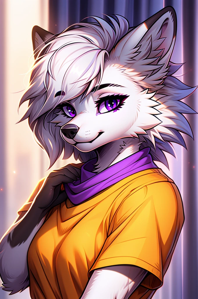 cel shading, detailed eyes, best quality, highly detailed, masterpiece, best quality, solo female, white wolf fursona, purple eyes, blunt bangs, curtain bangs, sidelocks, short hair,  paw pose, bust shot, looking at viewer, white hair, tshirt, bandana around neck, straight bangs, blunt fringe