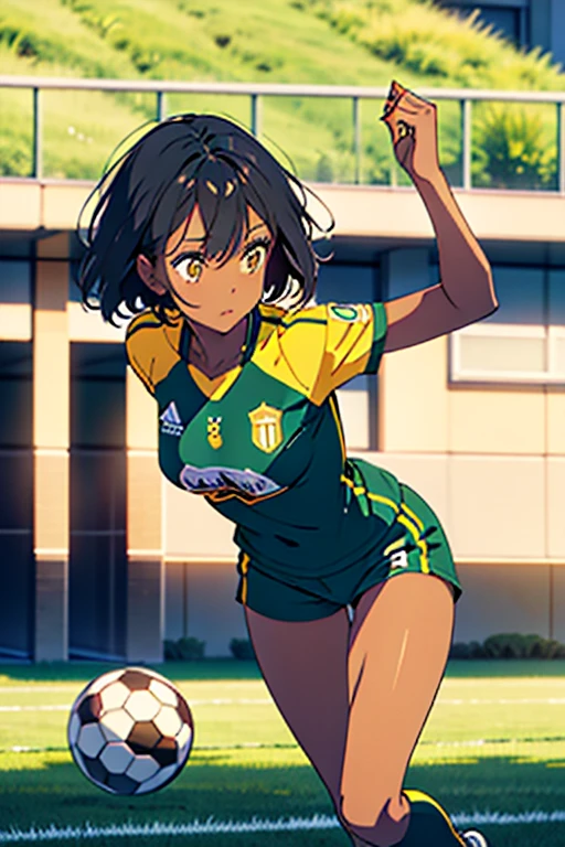 masterpiece, best quality, dark skin, short hair, yellow eyes, black hair, beautiful girl, thin, full body, plan boobs, short boobs, small , short chest, big butt, wide thigh, green soccer jersey kit, playing soccer, running with the soccer ball