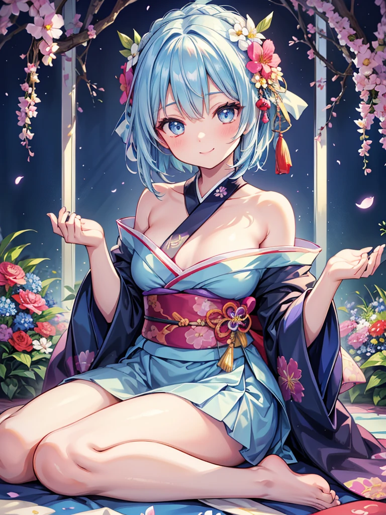 Kimono,bare_Schultern,bare_legs,seiza,lächeln,Schön_Licht_Blau_Haar,Schön_Augen,1_Schön_Mädchen,Niedlich_Gesicht,Schön,perfekt_Qualität,perfekt_Anatomie,Meisterwerk,Blumengarten,Schön,best Qualität,hrs