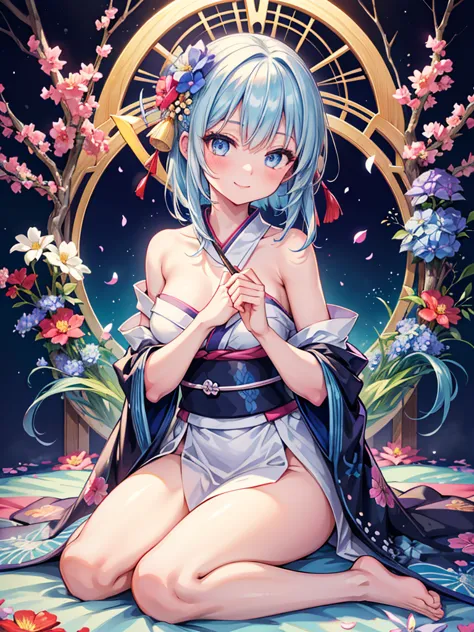 kimono,bare_shoulders,bare_legs,seiza,smile,beautiful_light_blue_hair,beautiful_eyes,1_beautiful_girl,cute_face,beautiful,perfec...