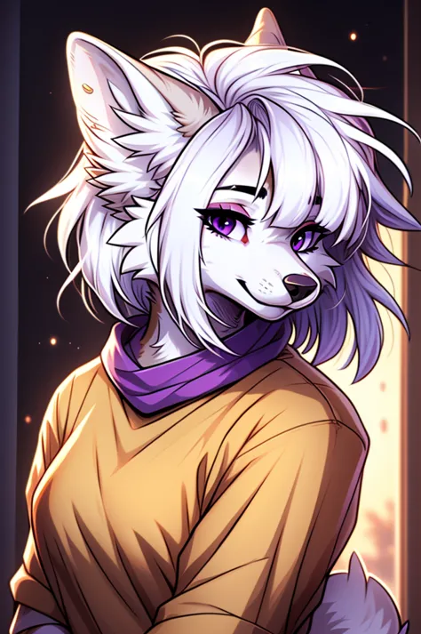 cel shading, detailed eyes, best quality, highly detailed, masterpiece, best quality, solo female, white wolf fursona, purple ey...