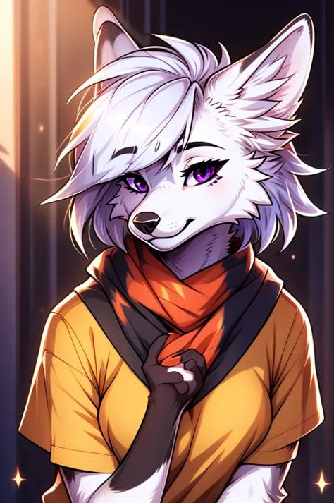 cel shading, detailed eyes, best quality, highly detailed, masterpiece, best quality, solo female, white wolf fursona, purple ey...