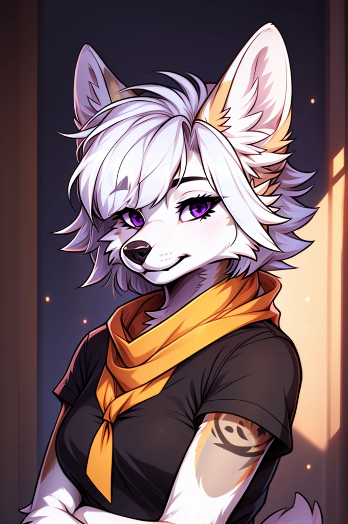 sombreamento celular, olhos detalhados, melhor qualidade, Altamente detalhado, obra de arte, melhor qualidade, mulher sozinha, fursona lobo branco, olhos roxos, Franja cega, franja de cortina, bloqueios laterais, cabelo curto, Postura da pata, tiro no busto, Olhando para o visualizador, cabelo branco, camiseta, bandana no pescoço, Franja reta, franja cega, hime cut, franja embotada