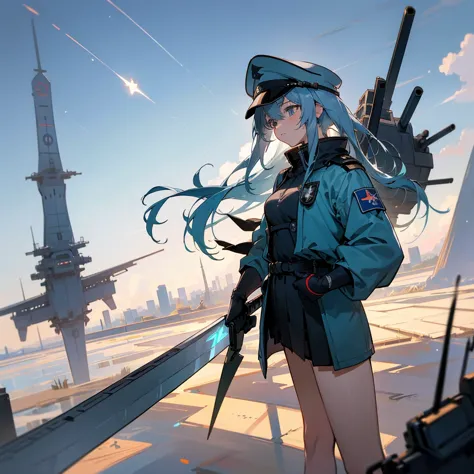 Faded blue hair　{Blue Noah from Space Battleship Yamato}  girl　military cap(white) whiteと黒の軍服　Endless city background　sunny　cool...