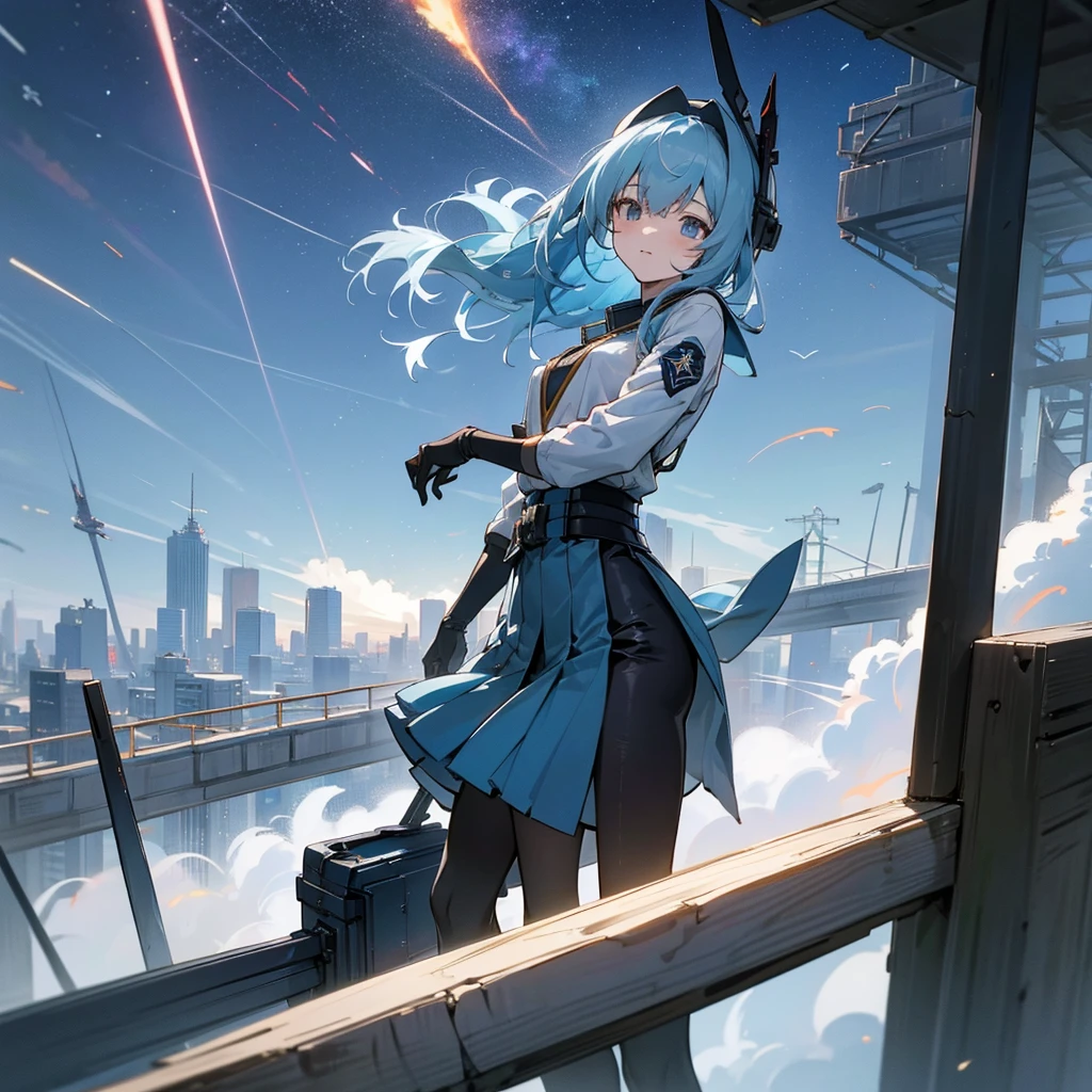 Faded blue hair　{Blue Noah from Space Battleship Yamato}  girl　military cap(white) whiteと黒の軍服　Endless city background　sunny　cool　tall　Warrior　Body left、The face is facing forward　Carrying the equipment　He holds a long sword in his left hand　Near future　B Cup　There are two shooting stars　night　night景　Beautiful city　An elevated bridge runs through the middle。　girlにクローズアップ　Highest quality　Ultra-precision　The right eye is red、Left eye is blue　左目は青whiteく発光しています　With airplane wings on his back。　Personification of flying machine　{Boeing 747} 