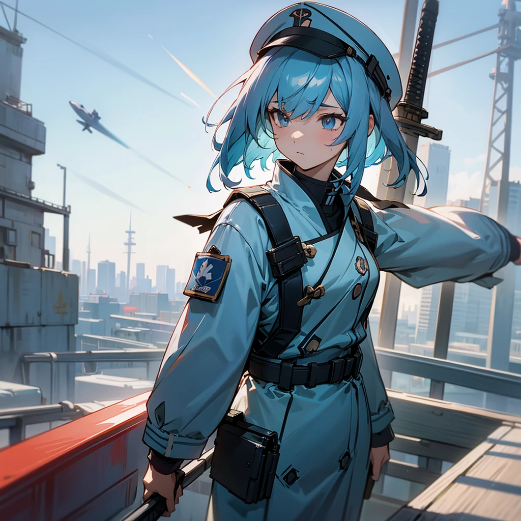 Faded blue hair　{Blue Noah from Space Battleship Yamato} girl　military cap(white) whiteと黒の軍服　Endless city background　sunny　cool　tall　Warrior　Body left、The face is facing forward　Carrying the equipment　He holds a long sword in his left hand　Near future　B Cup　There are two shooting stars　night　night景　Beautiful city　An elevated bridge runs through the middle。　girlにクローズアップ　Highest quality　Ultra-precision　The right eye is red、Left eye is blue　左目は青whiteく発光しています　With airplane wings on his back。　Personification of flying machine　{Boeing 747} Anime Style　Highly precise CG