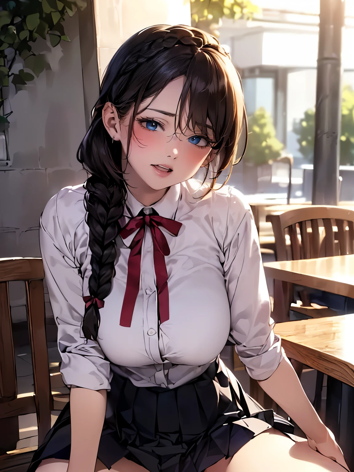 ((braid, glasses, pleated skirt, ribbon)), (((round face))), ((eyes with realistic sizing, drooping eyes, blush, shame smile, thin lips, spread legs)), (((standing and straddling to hit her pubic against the corner of the square table for self pleasure))), open mouth, (outside, on the sidewalk, terrace table), angle from side,