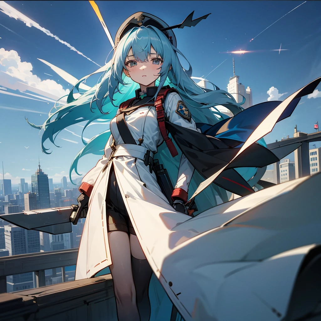 Faded blue hair　{Blue Noah from Space Battleship Yamato} girl　military cap(white) whiteと黒の軍服　Endless city background　sunny　cool　tall　Warrior　Body left、The face is facing forward　Carrying the equipment　He holds a long sword in his left hand　Near future　B Cup　There are two shooting stars　night　night景　Beautiful city　An elevated bridge runs through the middle。　girlにクローズアップ　Highest quality　Ultra-precision　The right eye is red、Left eye is blue　左目は青whiteく発光しています　With airplane wings on his back。　Personification of flying machine　{Boeing 747} Anime Style　Highly precise CG 