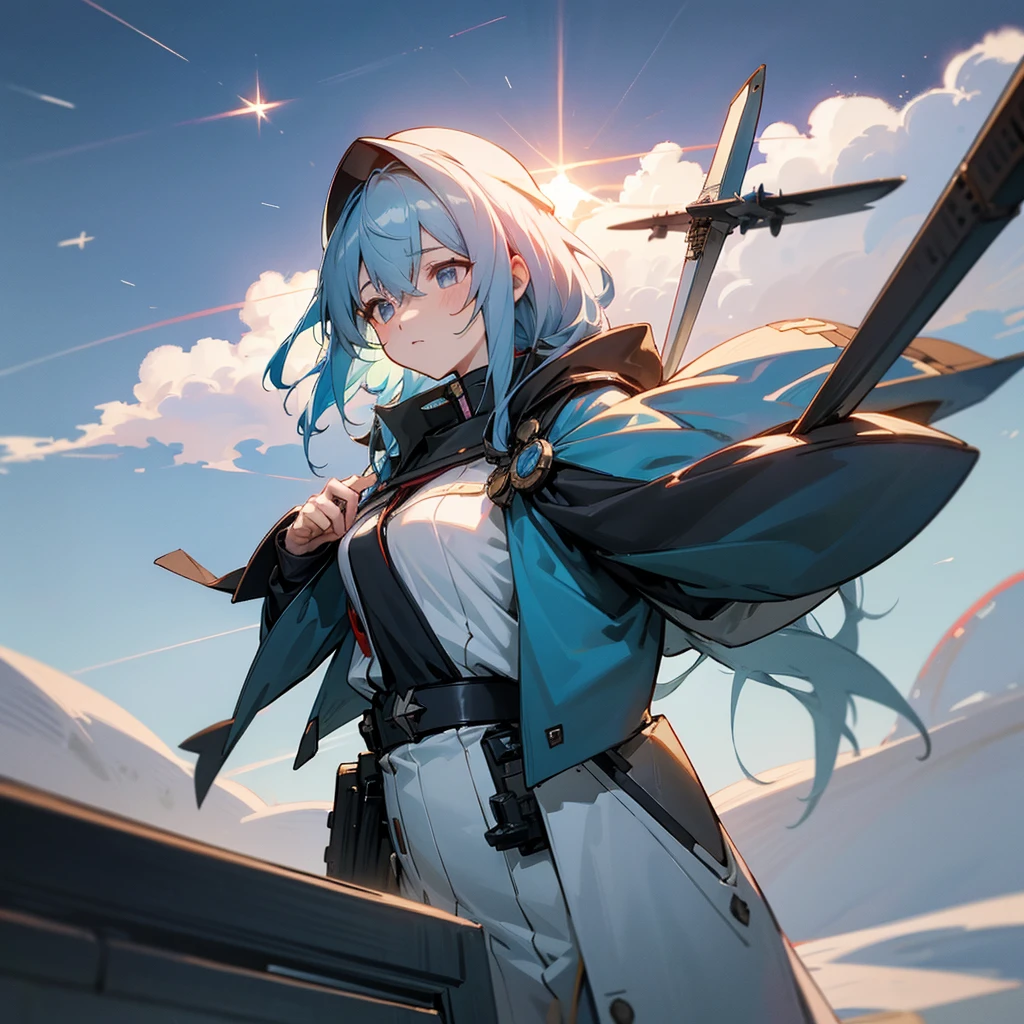 Faded blue hair　{Blue Noah from Space Battleship Yamato} girl　military cap(white) whiteと黒の軍服　Endless city background　sunny　cool　tall　Warrior　Body left、The face is facing forward　Carrying the equipment　He holds a long sword in his left hand　Near future　B Cup　There are two shooting stars　night　night景　Beautiful city　An elevated bridge runs through the middle。　girlにクローズアップ　Highest quality　Ultra-precision　The right eye is red、Left eye is blue　左目は青whiteく発光しています　With airplane wings on his back。　Personification of flying machine　{Boeing 747} Anime Style　Highly precise CG 