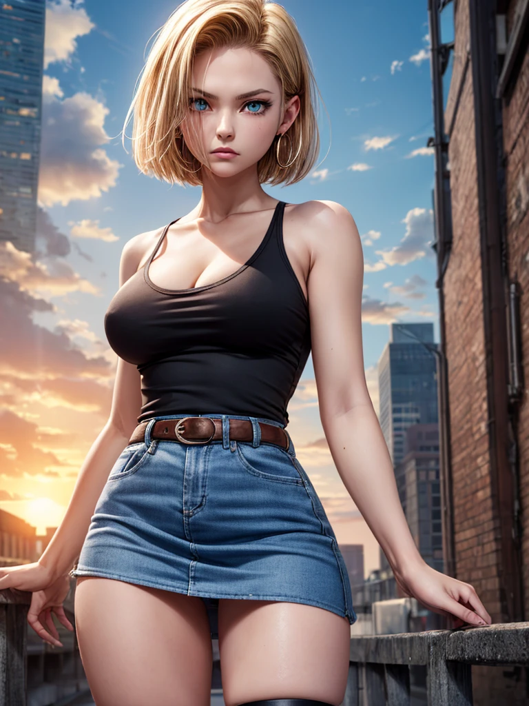 Android 18, Android 18, Blonde Hair, blue eyes, eyelash, hoop Earrings, short hair, Earrings, break belt, Black legwear, Cleavage, clavicle, デニム skirt, high-waist skirt, jewelry, pocket, skirt, Striped, Striped sleeves, Waistcoat,, break outdoors, city, null, cloud, sun, break looking at viewer, (Cowboy Shot:1.5), break (masterpiece:1.2), Highest quality, High resolution, unity 8k wallpaper, (shape:0.8), (Beautiful and beautiful eyes:1.6), Highly detailed face, Perfect lighting, Highly detailed CG, (Perfect hands, Perfect Anatomy)、Naked upper body、Bare breasts、Nipples are visible、Erotic squatting,Glare、Very angry face,((skirtをめくってまんこを見せている:1.5))