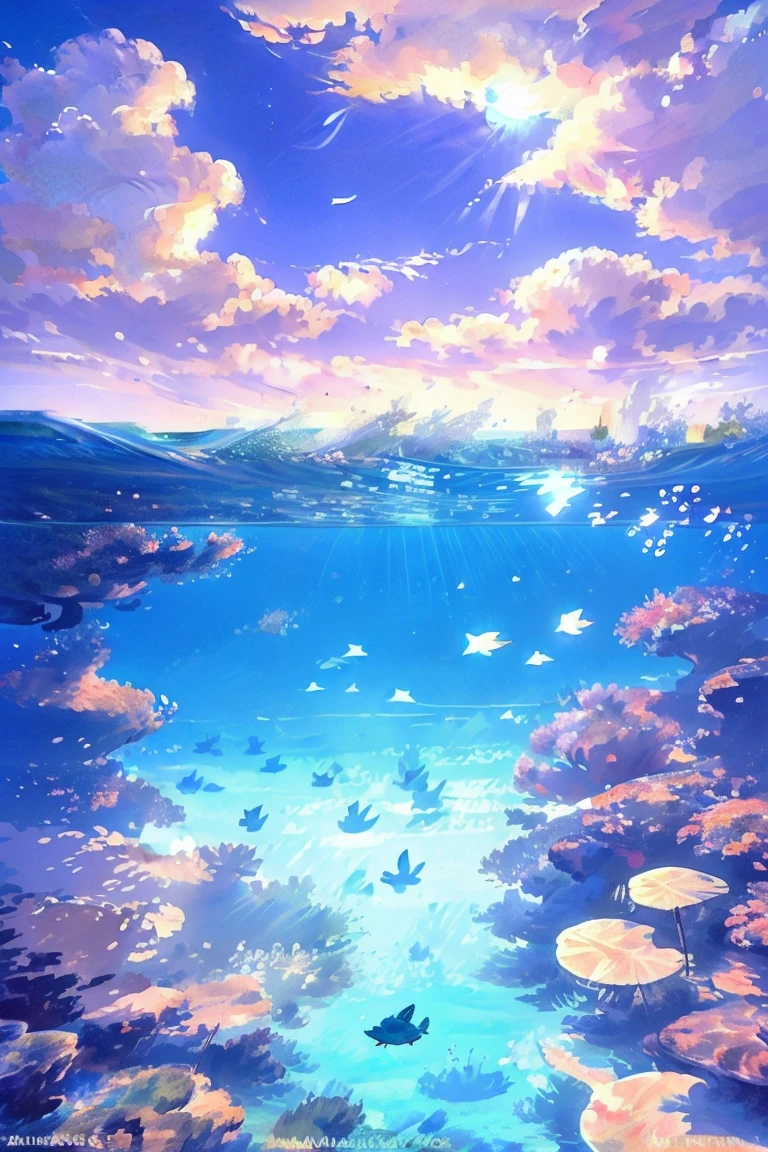 ((masterpiece, highest quality)), serene underwater view in a tropical sea, vibrant coral reefs in the foreground, a majestic sea turtle swimming gracefully, sparkling sunlight filtering through the clear blue water, creating a peaceful and relaxing atmosphere