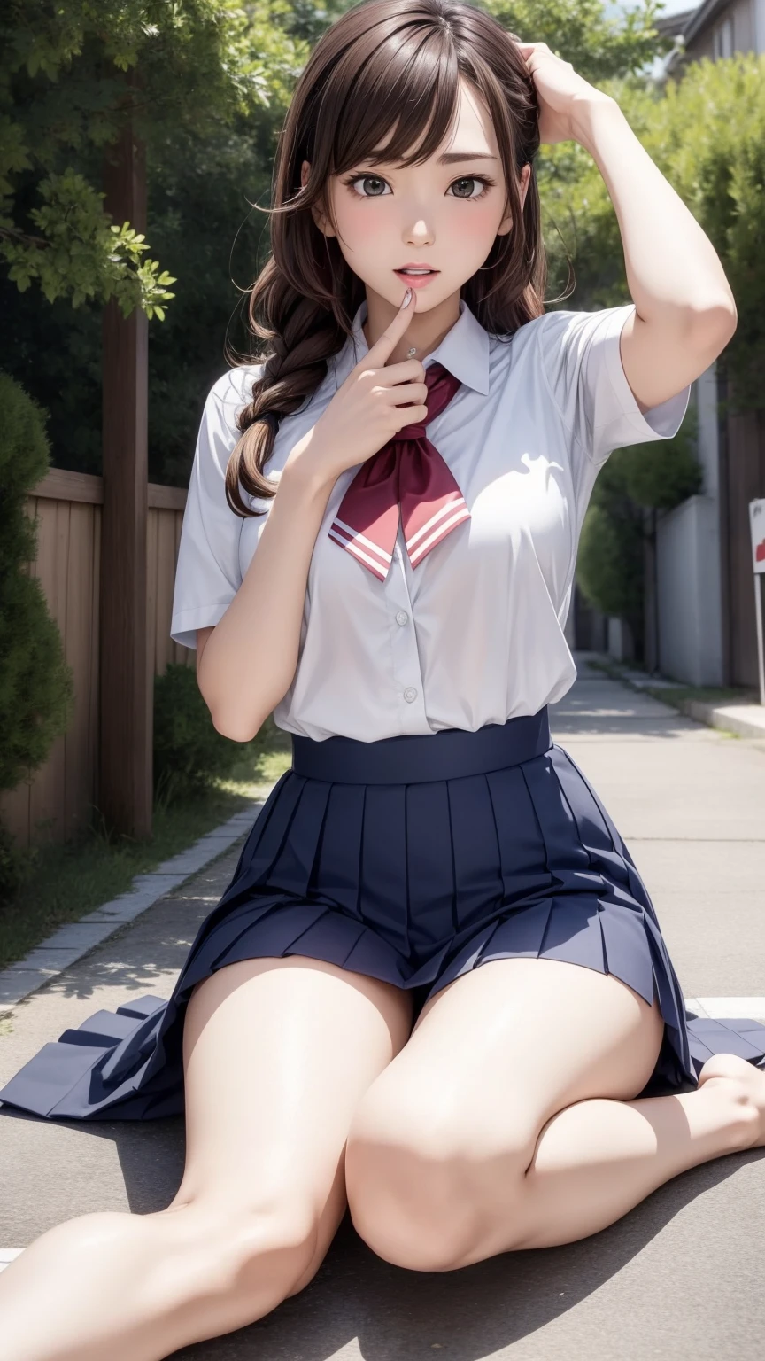 8K quality、High resolution、Realistic skin texture、High resolutionの瞳、A woman with a mature appearance、Japanese summer high school girls uniform、Princess Hair、thin、Realistic Female Genitalia、Small breasts、Realistic tongue、Small breastsの谷間、Brown Hair、thin脚、Sweating profusely、Sweat accumulates in the chest、Evening schoolyard、Bare feet、Shoot the whole body while running