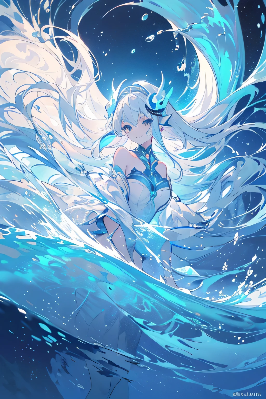 ((((sea-blue skin flowing white hair, Aquascend-powered fins:0.9))), 1girl, smiling, kneeling, (((standing on legs of Aquascend-powered tentacles))), (backsplash of waves), (glow of Aquascend on fins), (ocean floor in the distance), (detailed facial features), (lively eyes), (scaly skin), (breathing apparatus on face), (Aquascend-powered eye mask), (long hair flowing behind), (calm and peaceful environment), wanly lit, high contrast, sea creatures surrounding), ((focus on central character)), ( majestic background), ((defined subject))