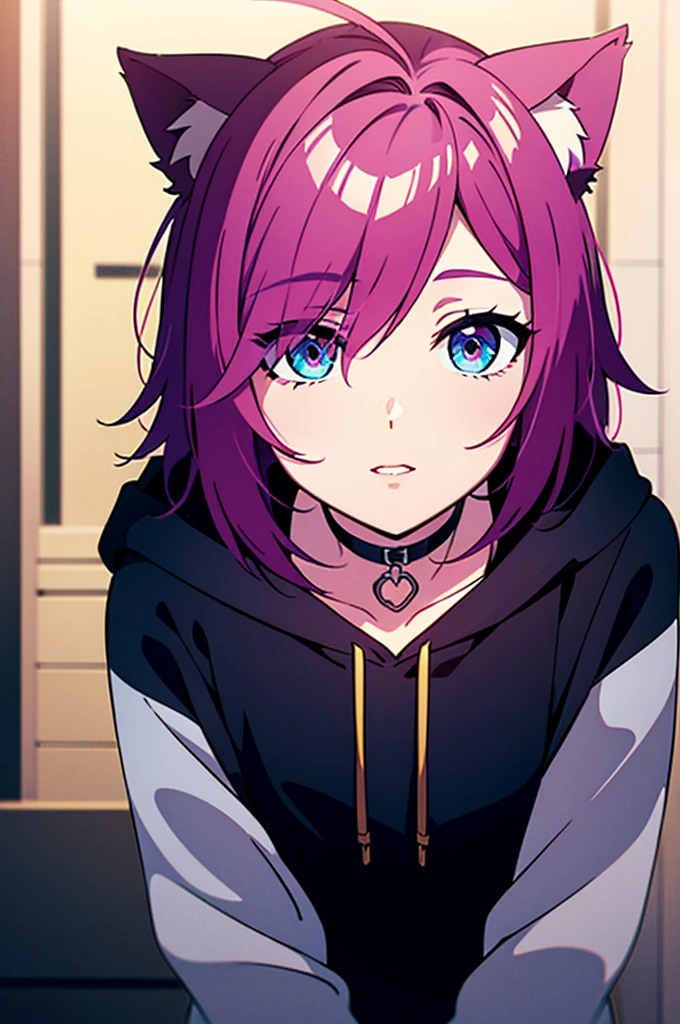 cel shading, detailed eyes, best quality, highly detailed, masterpiece, best quality, hair between eyes, short hair, solo male, hair, pink hair, choker, solo male, cat ears, oversized hoodie, poofy hair