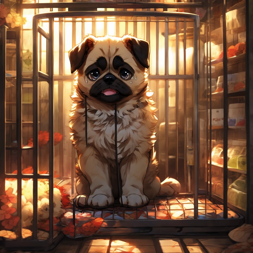 Filhote de cachorro pug、Dentro da loja de animais、Chorando em uma gaiola、Expressão triste