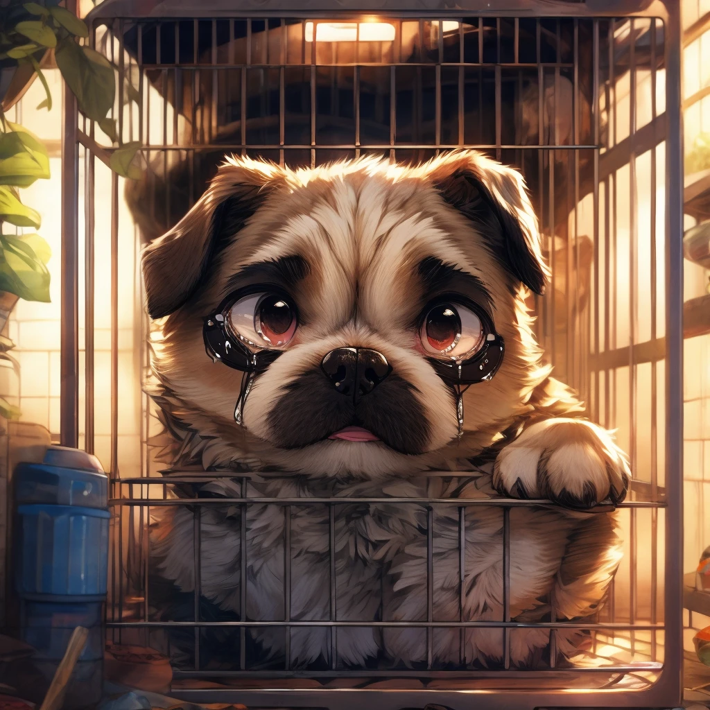 Filhote de cachorro pug、Dentro da loja de animais、Chorando em uma gaiola、Expressão triste