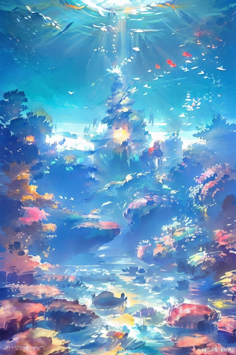 ((masterpiece, highest quality)), breathtaking underwater landscape, seen from the perspective of a diver, colorful corals and a gracefully swimming sea turtle, the water shimmering with light, creating a calming and beautiful environment.

