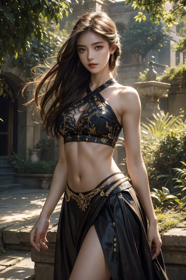 a beautiful young girl wearing a crop top, abs, seductive midriff, detailed facial features, long flowing hair, outdoor garden scene, natural lighting, vibrant colors, highly detailed, photorealistic, 8k, cinematic, dramatic lighting, fantasy, elegant, graceful