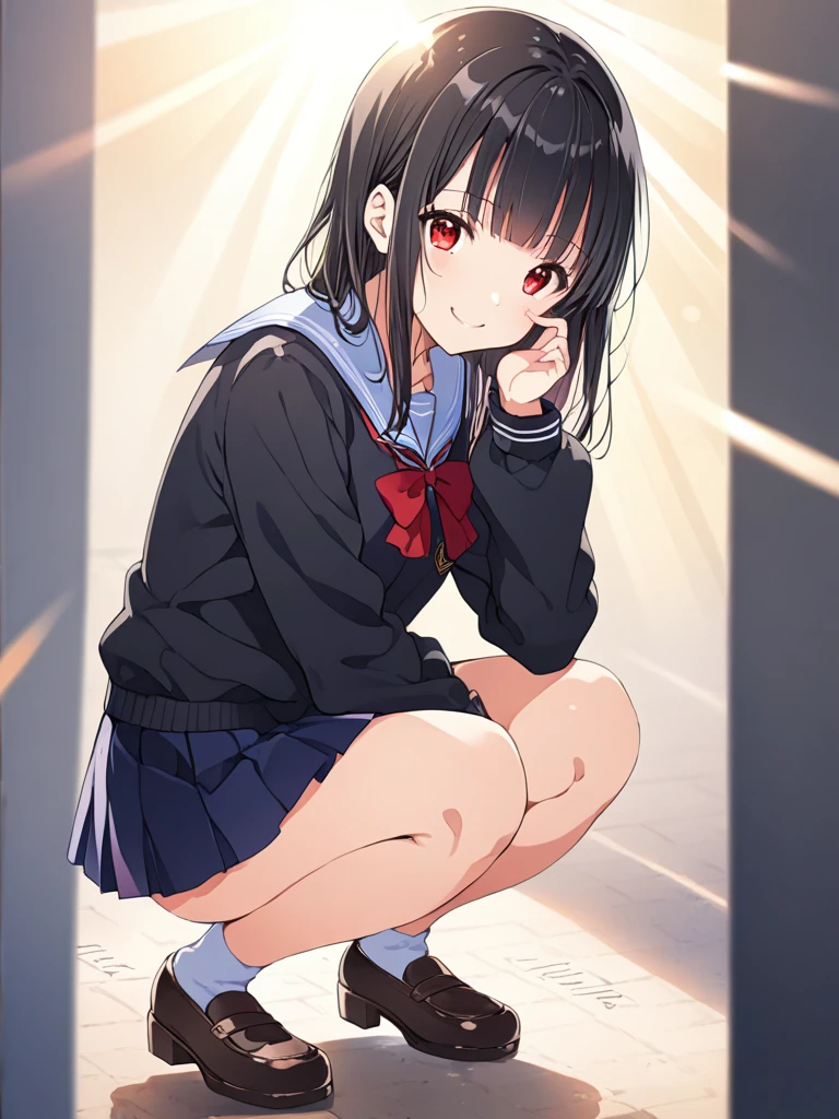 Anime Style, Super precise illustration, Very detailed, beautiful, 8k,1 cute girl,(cute:1.3),Black Hair,short straight bangs, smile,Red eyes, stylish, Trendy clothes,(Spotted sunlight:1.2),Blurred,(Written boundary depth:1.1),Tilt your head,mini skirt,｛school uniform｝,(whole body:1.3),Squat
