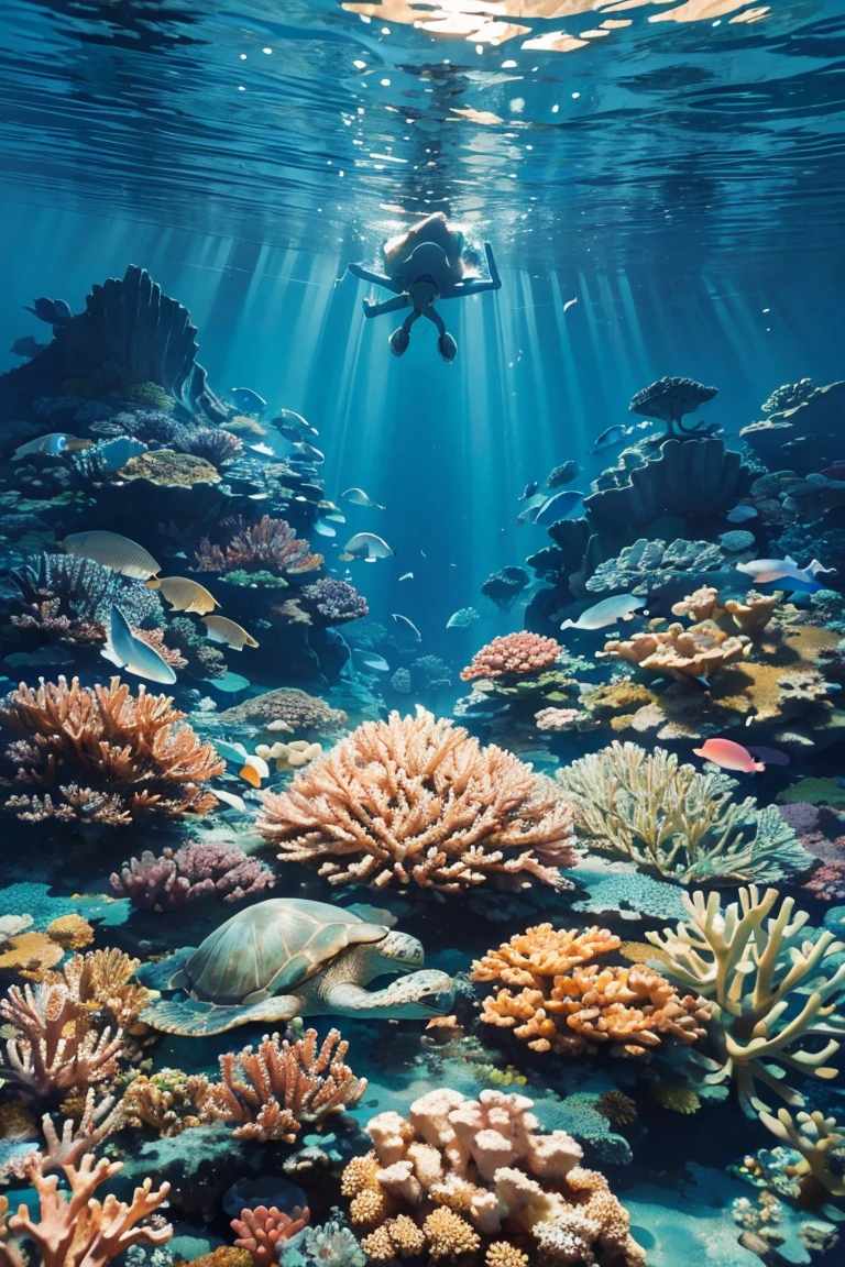 ((masterpiece, highest quality)), breathtaking underwater landscape, seen from the perspective of a diver, colorful corals and a gracefully swimming sea turtle, the water shimmering with light, creating a calming and beautiful environment.

