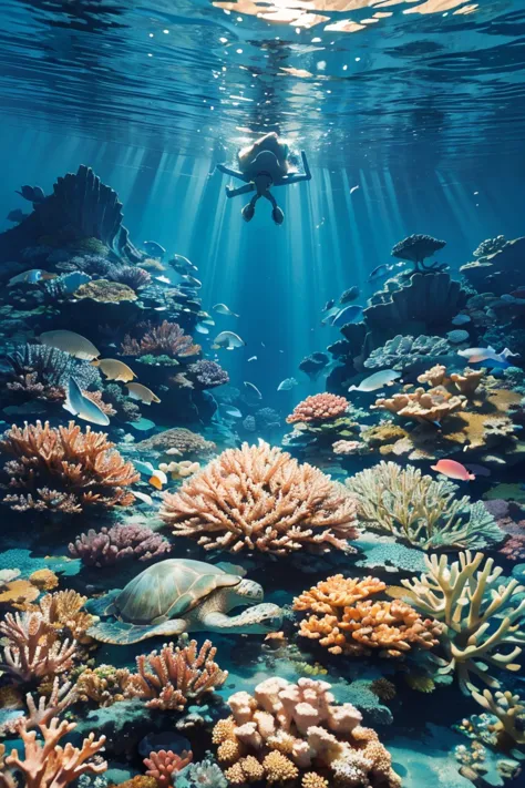 ((masterpiece, highest quality)), breathtaking underwater landscape, seen from the perspective of a diver, colorful corals and a...