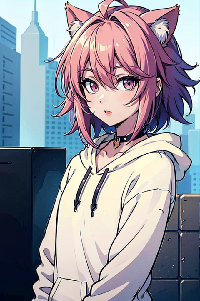 cel shading, detailed eyes, best quality, highly detailed, masterpiece, best quality, hair between eyes, short hair, solo male, hair, pink hair, spike choker, solo male, cat ears, oversized hoodie, poofy hair, fluffy hair, looking at viewer, male, 