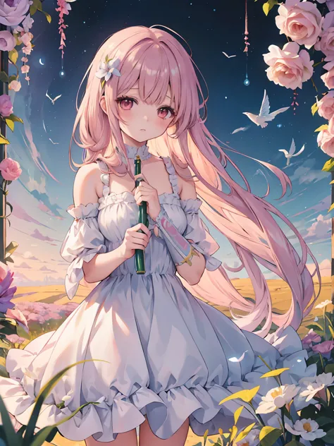 Anime-style girl with long hair and flowers, Cute anime wife in a nice dress, Beautiful Anime Girls, Cute and detailed digital a...