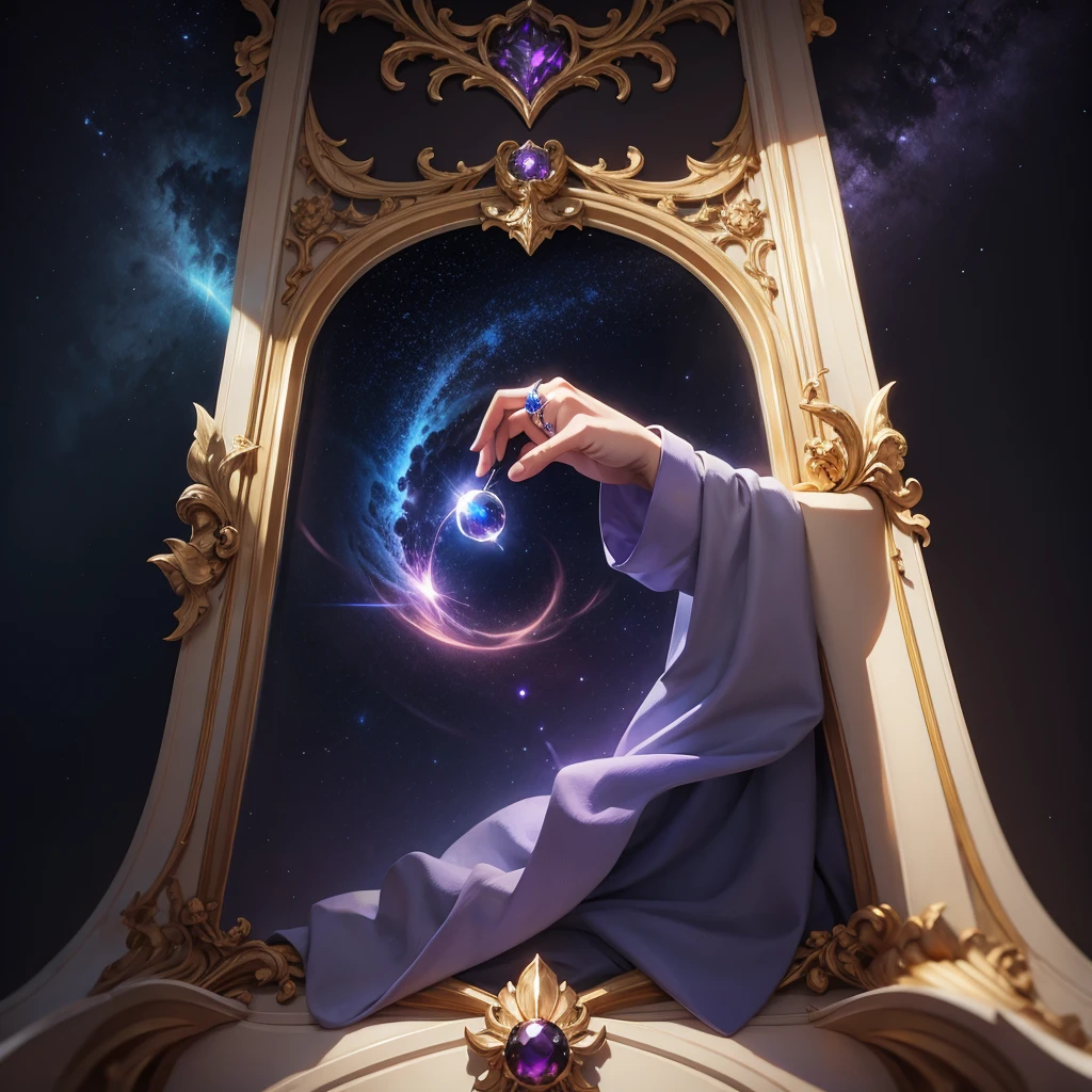 Masterpiece，highest  quality，(Nothing but the ring)，(No Man),Phoenix ring setting，starrysky，Wrapped around the end from beginning to end，Delicate gold ring，Starry sky in the ring,The sheen，inverted image，Sparkling blue-purple gemstones，Elegant and noble,simple backgound