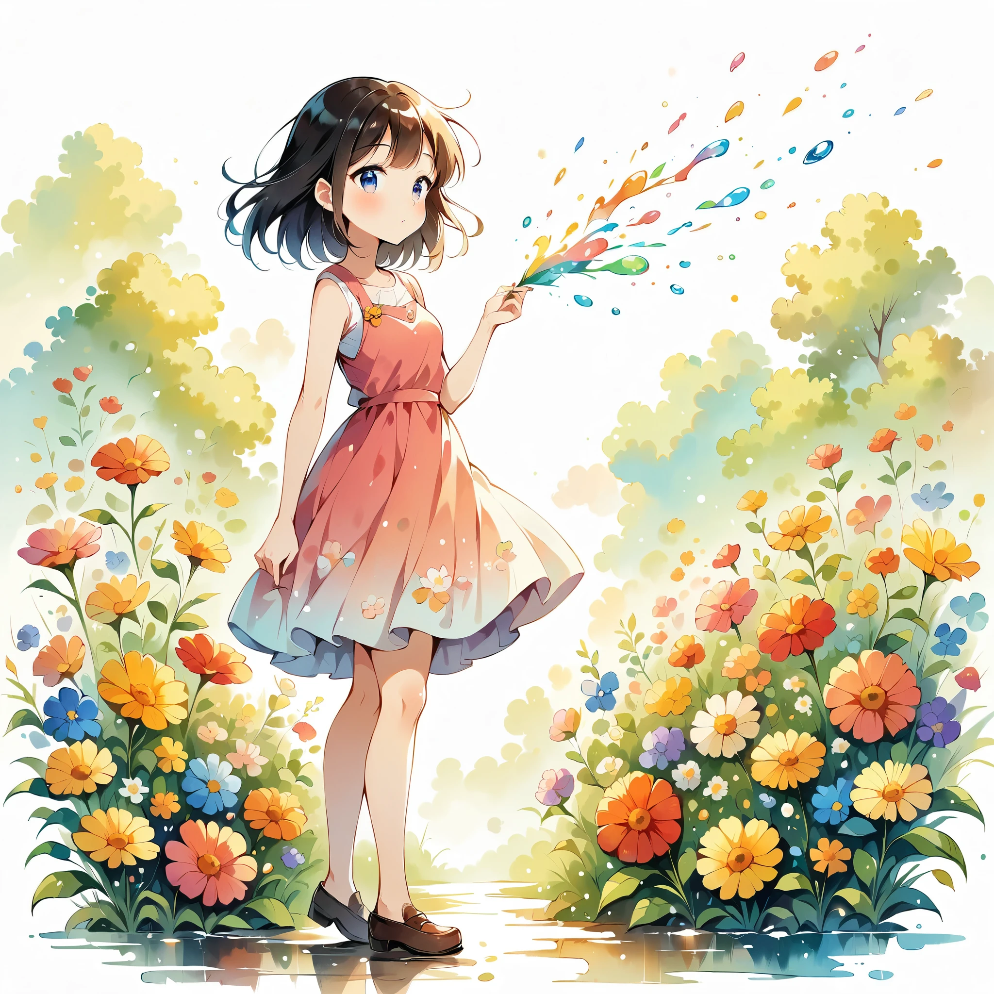 (애니메이션 스타일:1.2, 걸작:1.2),(((소녀 1명))),((작은, 전신보기))), 소녀는 꽃을 입고, 수채화, 간단한 일러스트레이션, 꽃폭풍, 다채로운 물 거품, 