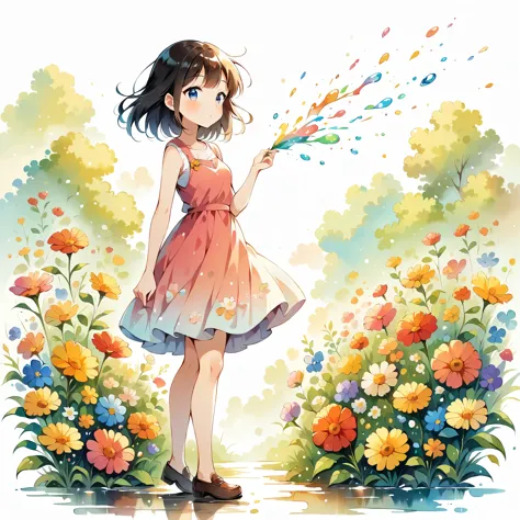 (Anime Style:1.2, masterpiece:1.2),(((1 girl))),((Little, Full body view))), Girl wearing flowers, Watercolor, Simple illustrati...