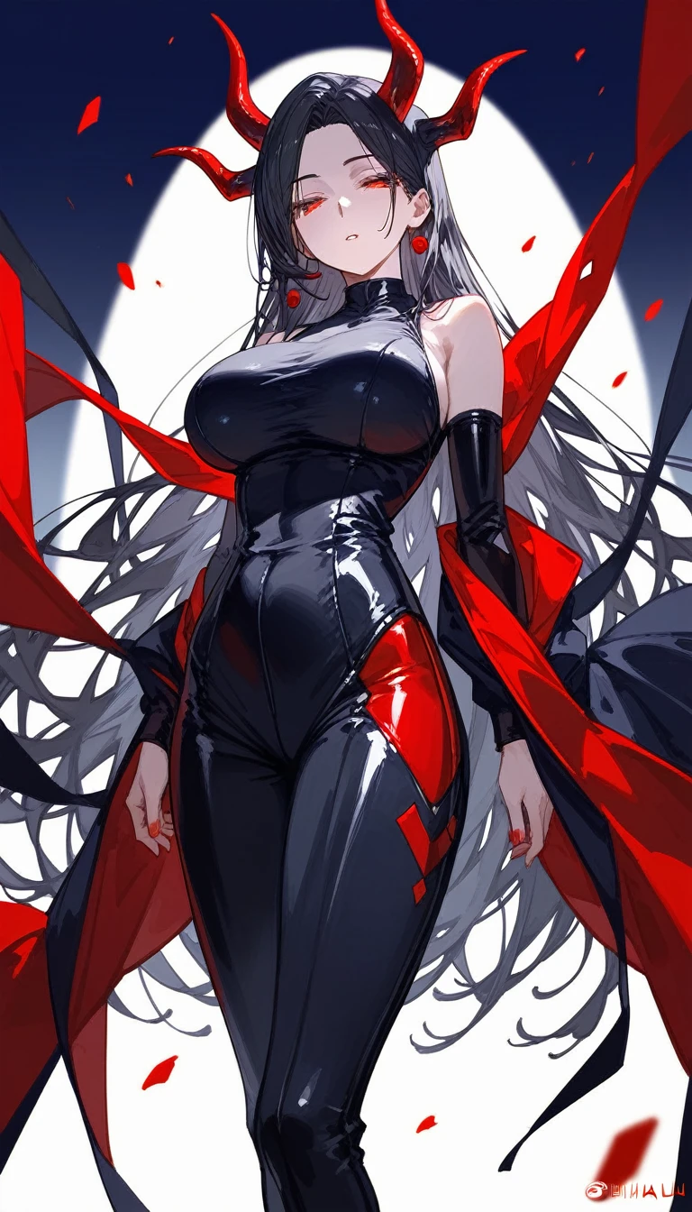 masterpiece, Score_9, Score_8_up, Score_7_up, front view, 1 woman, alone, black hair with red, long hair, parted bangs, dark red eyes, half-closed eyes, parted lips, expressionless, pale skin, large breasts, body suit, black bottom, best quality, horns up, long open bangs, black sleeveless shirt, black V-neck, red baggy pants, high heels, jibaku shounen Hanako kun 