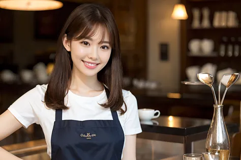 (Highest quality、Tabletop、8k、Best image quality、Award-winning works)、Woman working in a café、(The perfect brown apron:1.2)、(Stan...