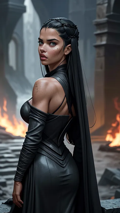 foto hiperrealista de adriana lima em close, create dystopian masterpieces, cena do filme game of thrones, toda a figura vestida...