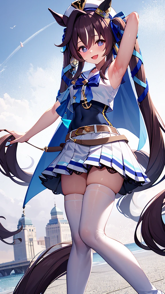 masterpiece, best quality, detailed, highly detailed, ultra detailed, vivlos \(umamusume\), horse tail, hat, white sailor collar, bare shoulders, blue ribbon, small cape, strap, anchor ornament, bodystocking, belt, bare knees, white pleated skirt, white boots, smile, arm up, armpits,