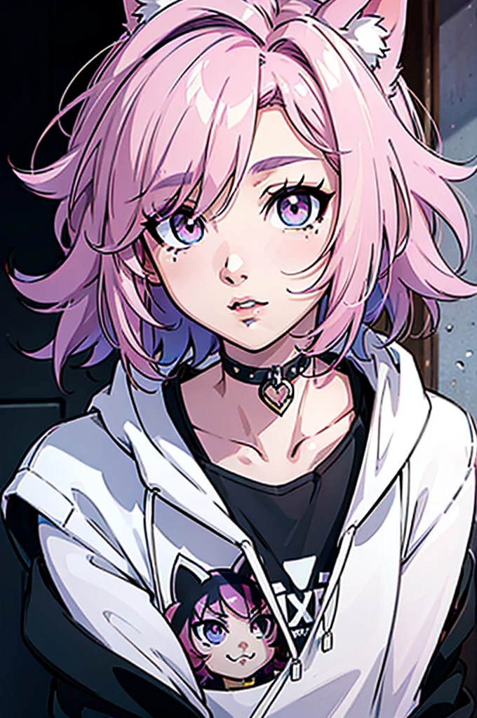 cel shading, detailed eyes, best quality, highly detailed, masterpiece, best quality, hair between eyes, short hair, solo male, pink hair, spike choker, solo male, cat ears, oversized hoodie, poofy hair, fluffy hair, looking at viewer, male, detailed nose, detailed lips, 