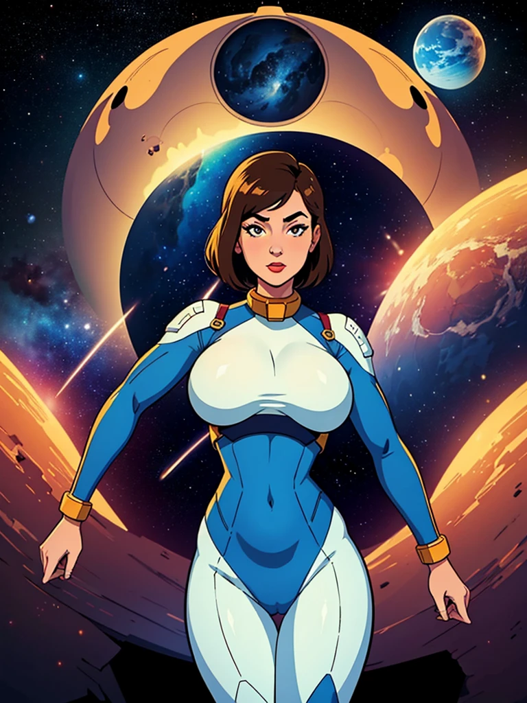 1950s retro comic, space girl with a close-fitting astronaut suit, large breasts, camel toe, background: planets, nebula, stars, spaceships